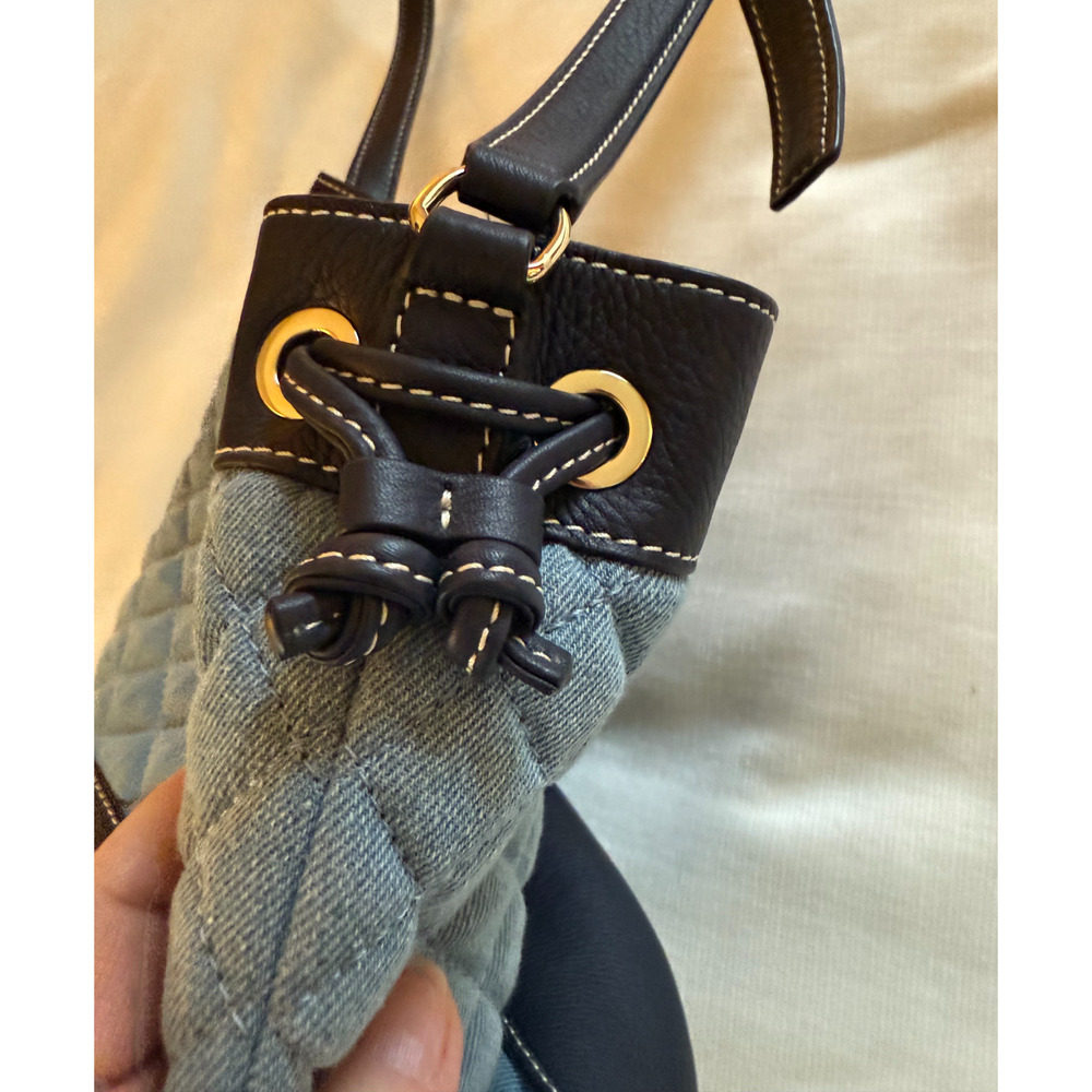 Talbots Purse Blue Quilted Bucket Bag Brown Leather Trim Crossbody Drawstring - Picture 8 of 11